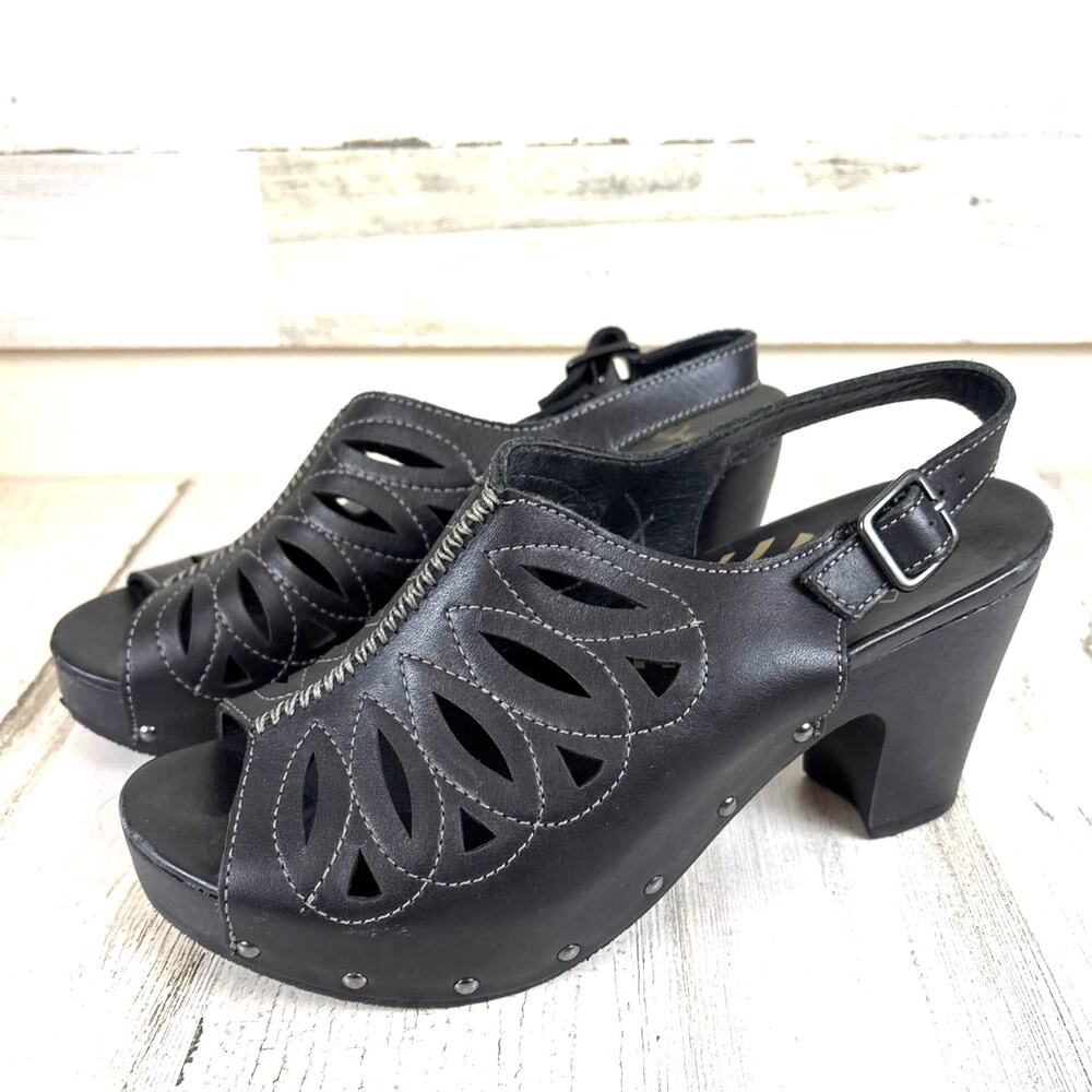 Dansko Womens 9.5 Black Leather Rowena Clog Heels Open Toe Comfort Shoe